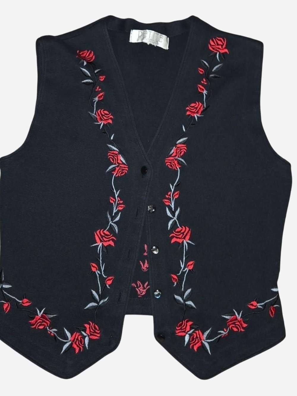 Petite Sophisticate Black Vest with Red Rose Embroidery